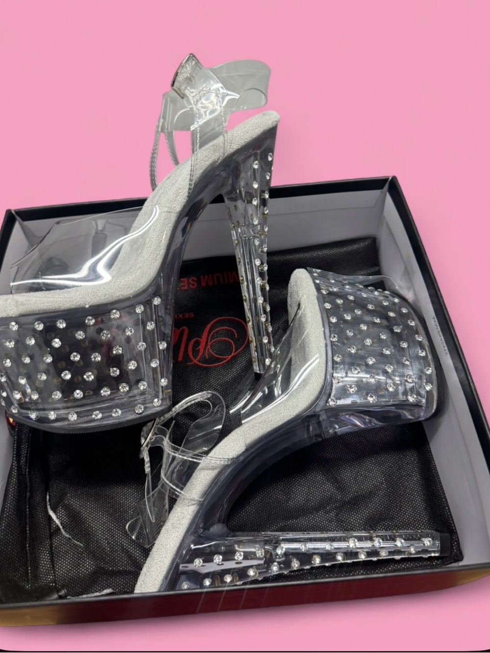 Pleaser Clear Platform Rhinestone Heels with Silver rhinestones